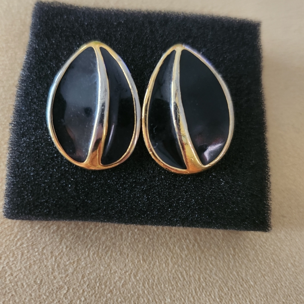 Vintage Napier Black Enamel Gold Earrings